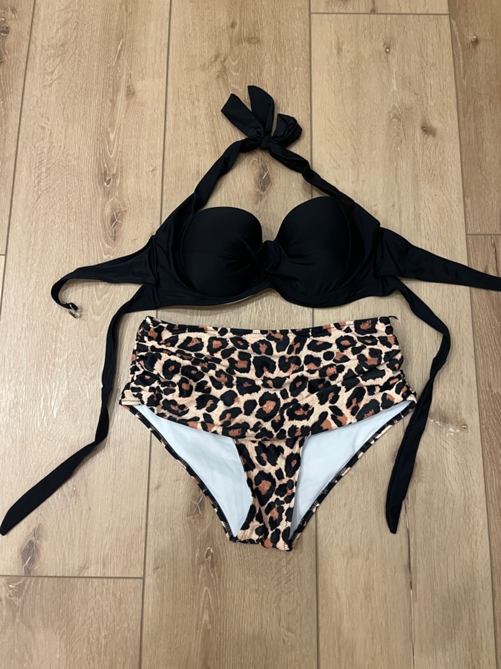 Black Halter Bikini Top with Leopard High-Waist Bottoms